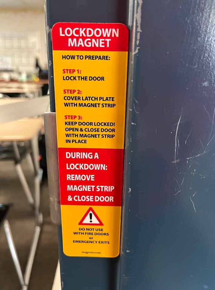 This is a magnetic strip that kept the author's locked classroom door from latching during the day, so students could go in and out. "This makes it faster to lock the door in an emergency, rather than having to find the classroom keys and lock it from the outside," she notes.