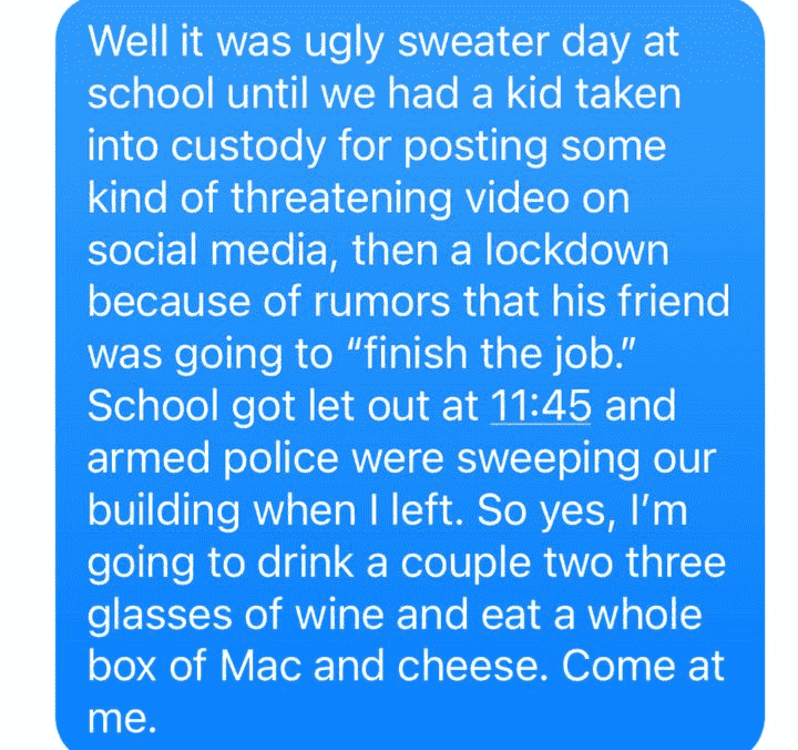 The text message the author sent to her best friends when she got home early from school on the day of the lockdown in 2019.