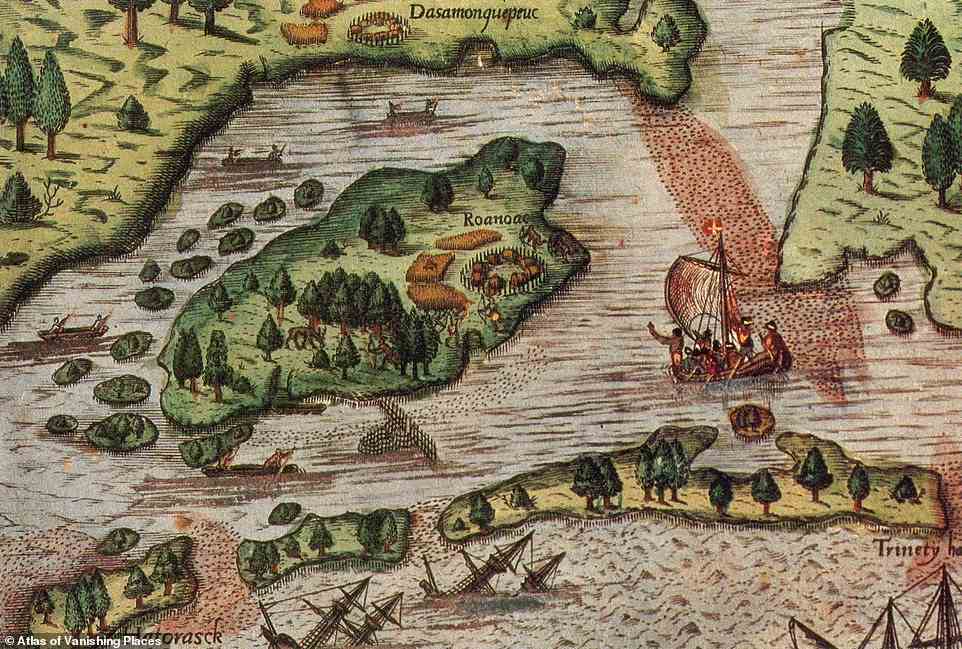 This illustration depicts the island of Roanoke, which Elborough reveals was 'England’s first serious stab at creating a colony in the New World of North America'. It is located in modern-day North Carolina, but the exact location is contested