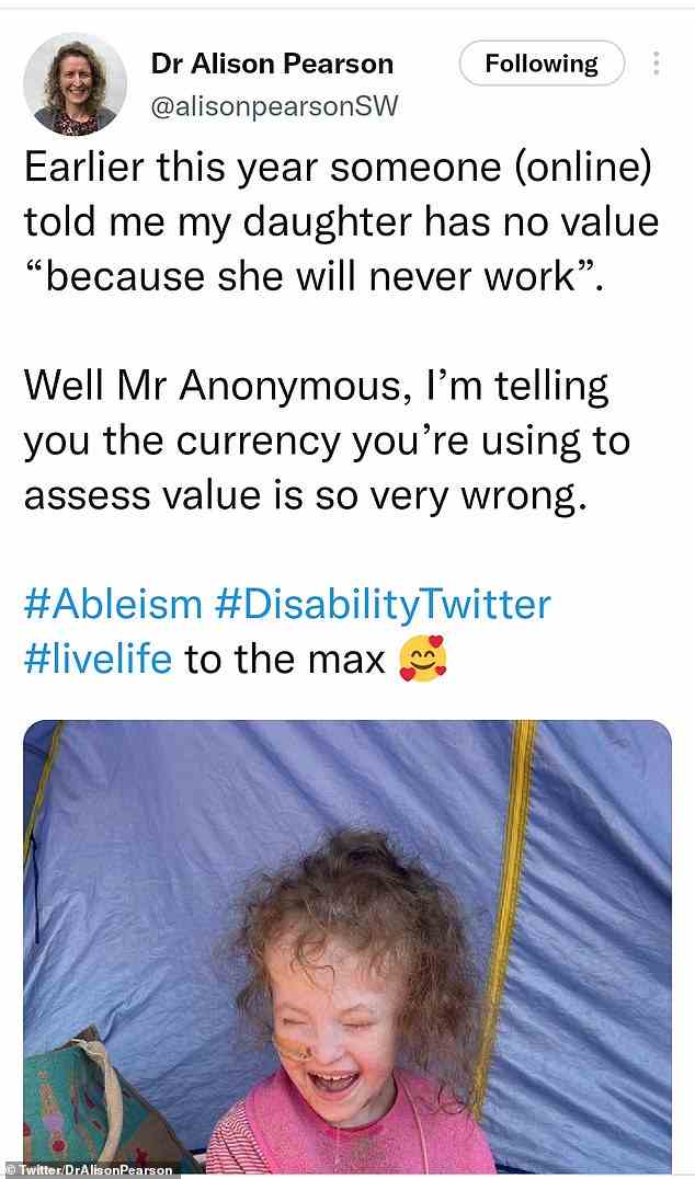 Dr Pearson revealed she received a cruel comment from an online troll who told her that her daughter's life is 'of no value because she will never work?