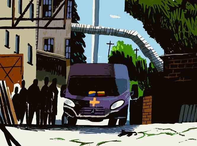 illustration of truck with people next to it on urban street