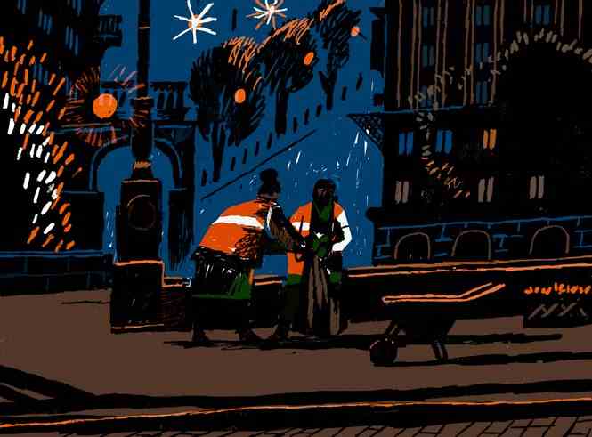 illustration of two street cleaners in orange in urban nightscape with street lamps, buildings, wheelbarrow