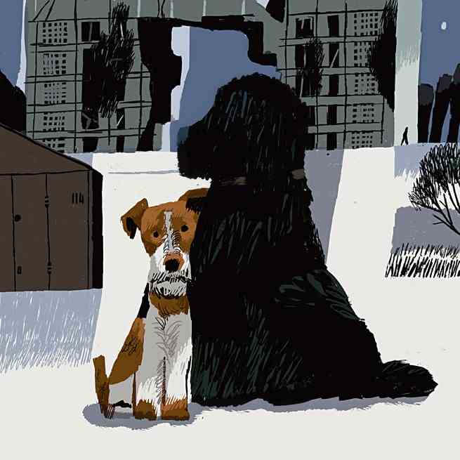 illustration of 2 dogs, one brown/white and one shaggy and black, with ruined urban buildings behind