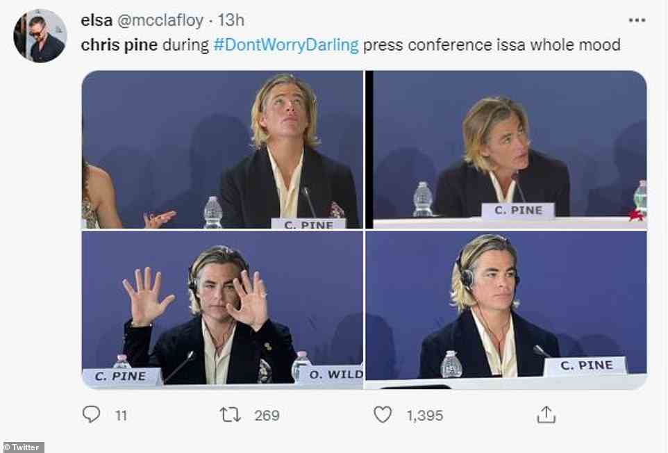Mood: Another fan, @mcclafloy, shared a number of photos of Pine from the press conference, adding, 'Chris Pine during #DontWorryDarling press conference issa whole mood'