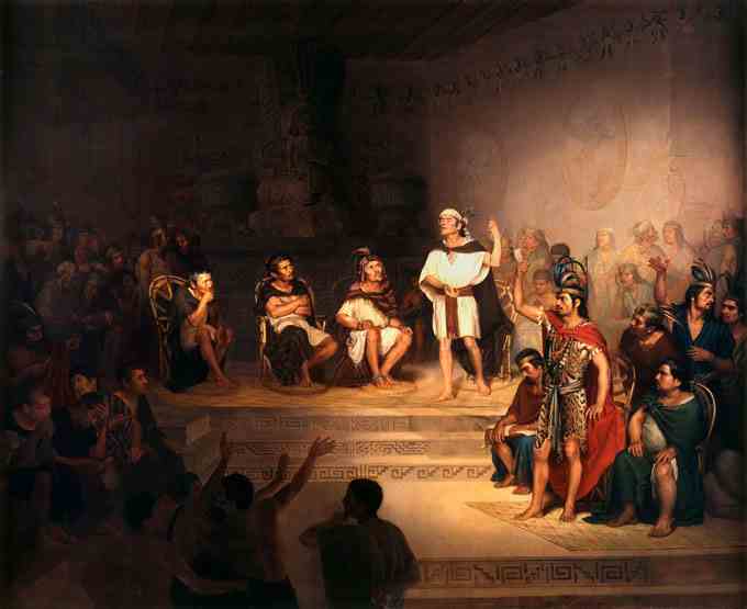 painting showing a Tlaxcallan senate meeting to discuss a potential alliance with Spanish conquistador Hernán Cortés