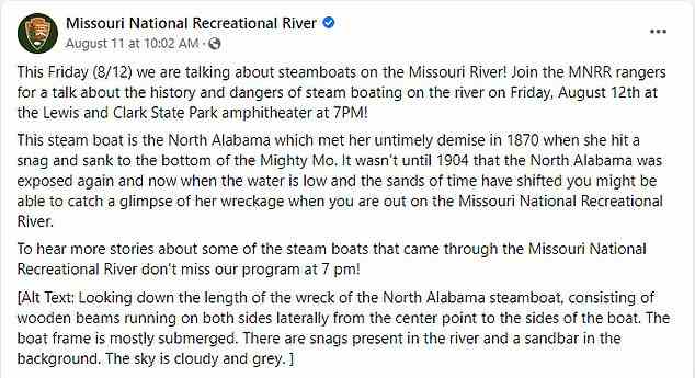 Die North Alabama war ein 220-Tonnen-Holzpaketdampfer, der von Sioux City, Iowa, nach Yellowstone County in Montana fuhr, um nach dem Untergang Vorräte wie Mehl und Whisky an Bergleute in den Rocky Mountains zu liefern – laut einem YouTube-Video, das dies beschreibt Geschichte des Bootes
