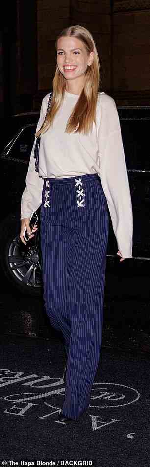 Gorgeous: Model Daphne Groeneveld, 27, looked effortlessly stylish in a cream sweater paired with striped navy pants
