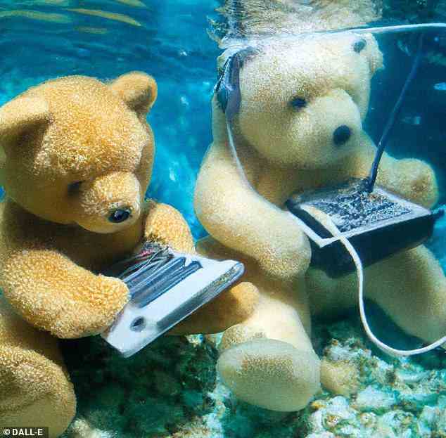 DALL-E-Bild aus der Aufforderung „Teddybären arbeiten an neuer KI-Forschung unter Wasser mit Technologie der 1990er Jahre“