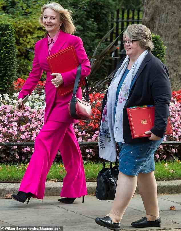 Liz Truss and Therese Coffey are all smiles as they attend a Cabinet meeting together in 2019