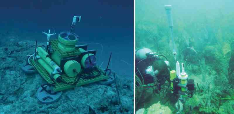 composite of an image of a Doppler current profiler (left) and an image of a rotte current meter (right) underwater in coral reef environments
