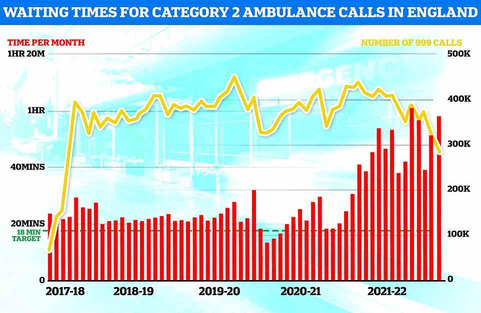 NHS England ambulance figures show the average wait for heart attack and stroke victims surpassed 59 minutes for only the second time ever (red bars). The yellow line shows the number of category two calls, which hit 379,460