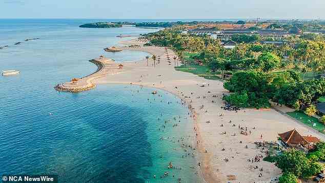 Aerial drone view of Sanur Beach, Bali, Indonesia. Thousands of Australians have been stranded on the holiday island