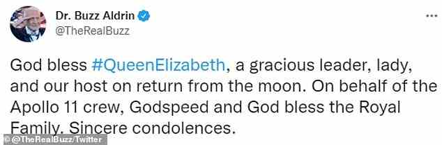 Buzz Aldrin ist das letzte lebende Mitglied von Apollo 11. Er teilte am Donnerstag einen Tweet mit, in dem er sein Beileid zum Tod der Königin ausdrückte