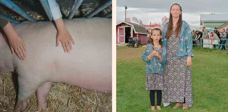 Diptychon: ein Schweinerücken mit Händen darauf;  eine Mutter und ein Kind, die passende Blumenkleider und Jeansjacken tragen