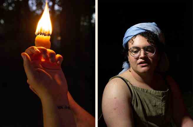 Diptychon: Kerze mit beleuchteten Händen: Eine Frau blickt nach links