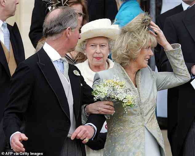 But the fact was, this (between Charles and Camilla) was a marriage that had the Queen's reluctant acceptance, not her enthusiasm. Pictured: Charles and Camilla walk away from St George's Chapel in Windsor after their marriage blessing