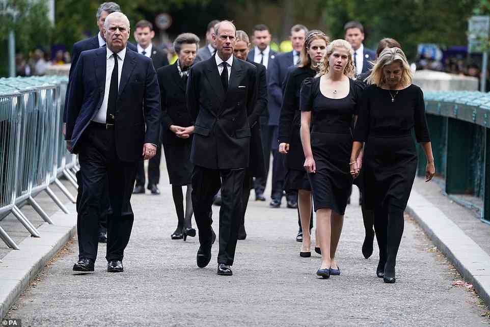 Sombre: the royals look downcast as they take part in a walkabout to thank members of the public for their support following the death of Her Majesty (L-R: the Duke of York, the Earl of Wessex, Lady Louise Windsor and the Countess of Wessex)