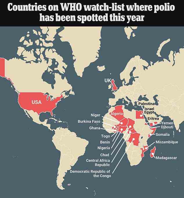 Diese Grafik zeigt jedes Land, das im Jahr 2022 Polio entdeckt hat. Sie zeigt nur Nationen, die von Impfstämmen oder abgeschwächten Formen von Polio durch eine in den Vereinigten Staaten nicht mehr verwendete Impfung berichtet haben, die sich auf andere Menschen ausgebreitet haben
