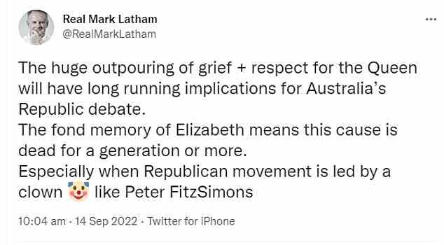 Abgebildet ist ein Tweet des Abgeordneten von One Nation, Mark Latham, der sagt, dass die republikanische Bewegung für mindestens eine Generation zum Scheitern verurteilt ist