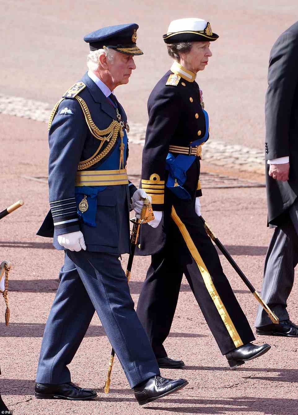 King Charles marched with his sister the Princess Royal, who has stayed with their mother's coffin since she died