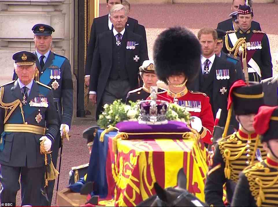 The royals looked solemn during the procession, perhaps reflecting on the life of Her Majesty