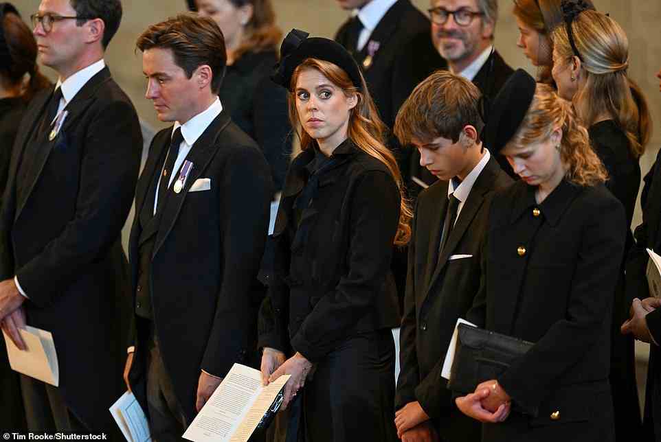 The Queen's grandchildren - including Lady Louise and Princess Beatrice - appear emotional as they attend the service today in London