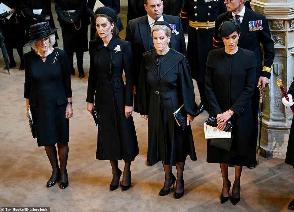 Camilla Queen Consort, Catherine Princess of Wales, Sophie Countess of Wessex, and Meghan Duchess of Sussex at the  coffin procession from Buckingham Palace to Westminster Hall