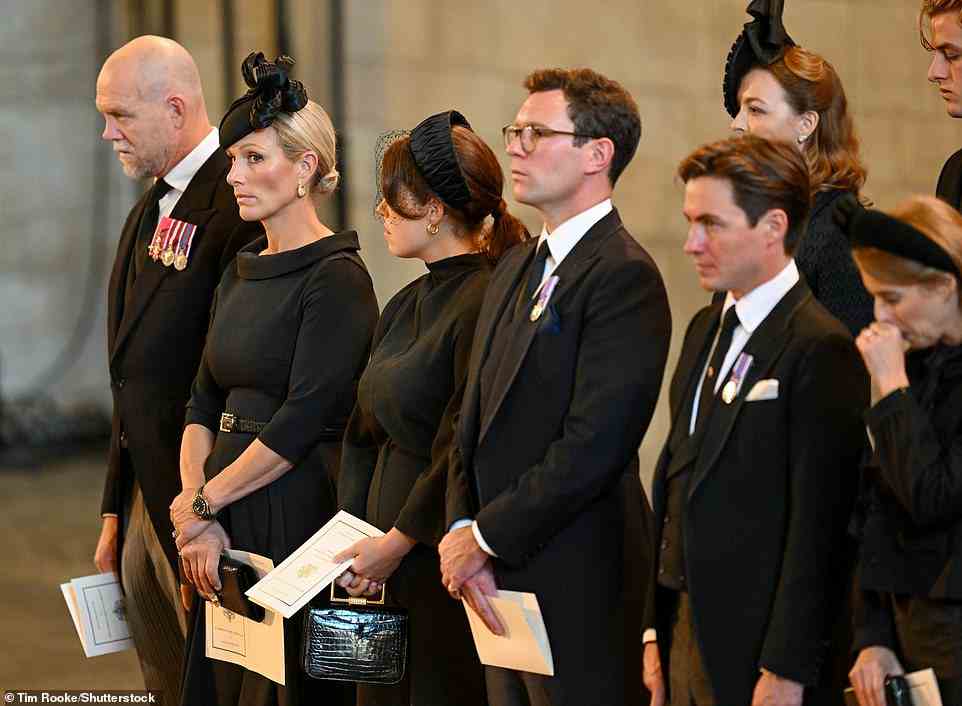 Other members of the royal family including Zara Tindall, with her husband Mike, Princess Eugenie, with her husband Jack Brooksbank, and Princess Beatrice, with her husband Edoardo Mapelli Mozzi
