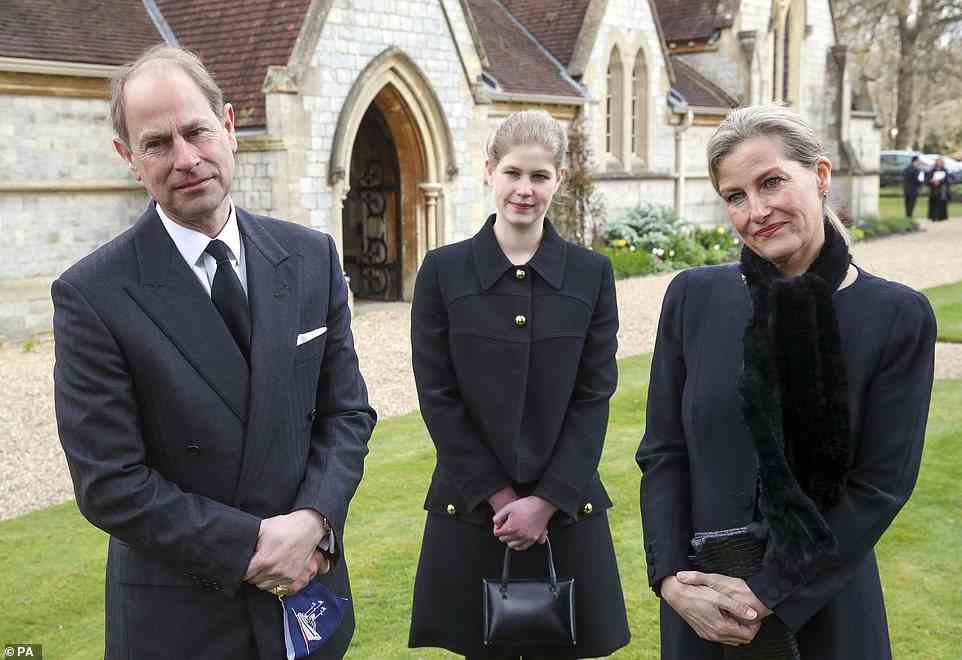 By their side: Lady Louise took on a public role in the days following the death of the Duke of Edinburgh. Pictured, delivering a tribute to Prince Philip with her parents