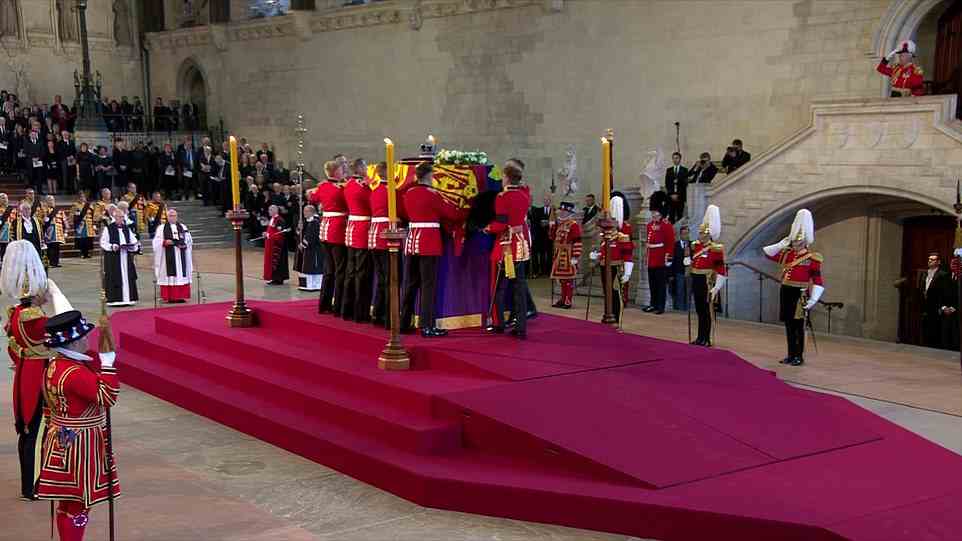 The Queen was placed in Westminster Hall after the journey from Buckingham Palace to lie in state for the nation to pay their respects