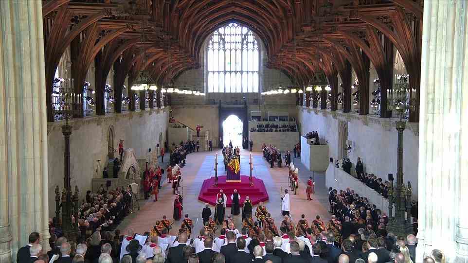 The Queen arrives at Westminster Hall, built almost 1,000 years ago and where previous monarchs also lay in state