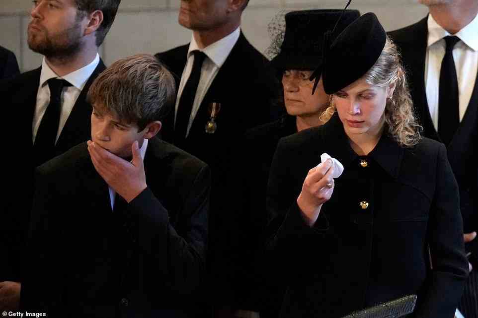 James, Viscount Severn and Lady Louise Windsor, who appeared to wipe away a tear