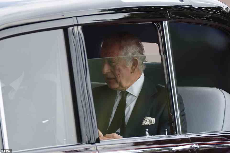 King Charles III was seen arriving at Buckingham Palace, where he will be leading the Royal Procession behind the Queen's coffin