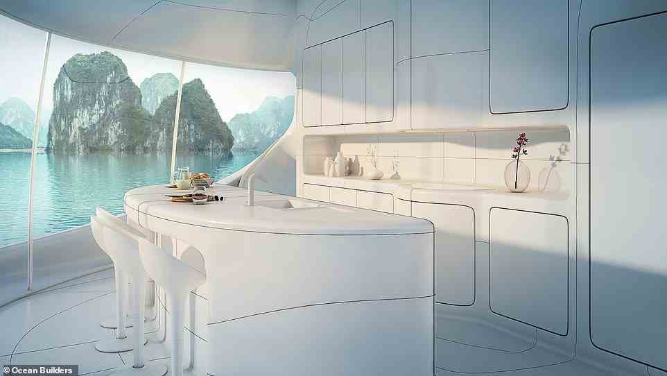 Above is a rendering of a SeaPod kitchen. The ¿aquatic living¿ residences are equipped with ¿massive¿ panoramic windows