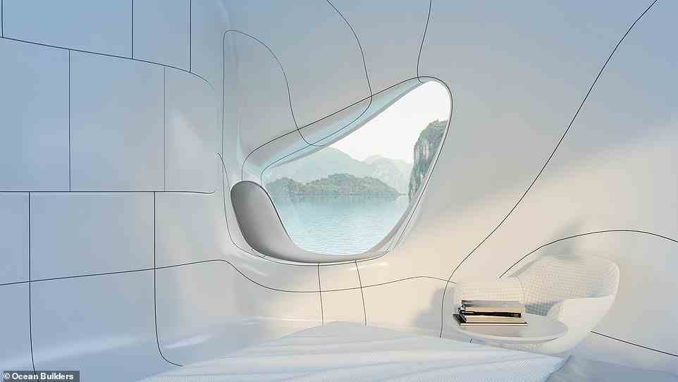 The pod's interior walls ¿mimic the natural flow of water and curve seamlessly from one room to another just like water flows and curves¿