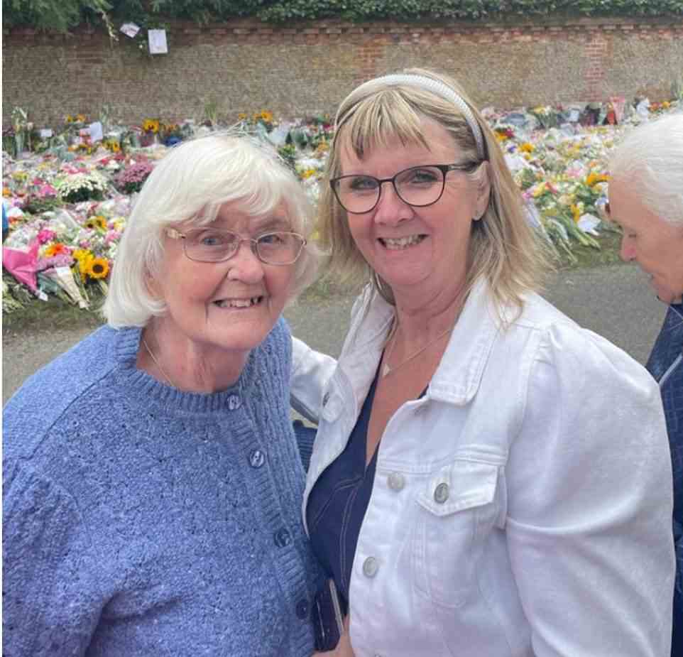 Fran Morgan, 62, (right, with her mother, Mary, left) spoke to Kate as she and William inspected the sea of flowers outside Sandringham. Recalling their conversation, Mrs Morgan said: 'She said she couldn't believe how many cards and flowers there were. But she also said ''I can't read them all or I would cry'''