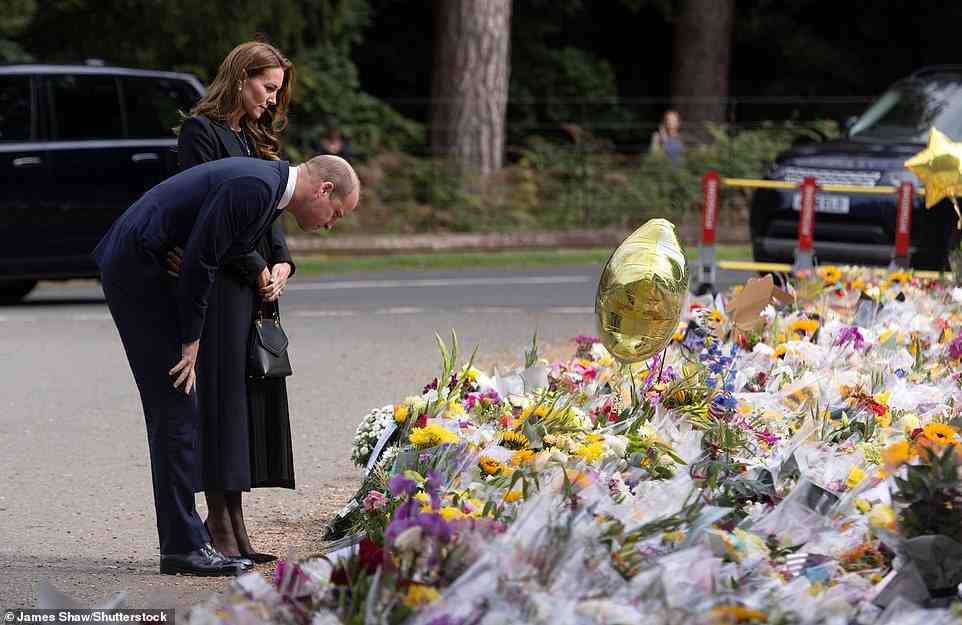 Thousands of well-wishers turned out to see William and Kate look at the sea of flowers left for the late monarch by the Norwich Gates
