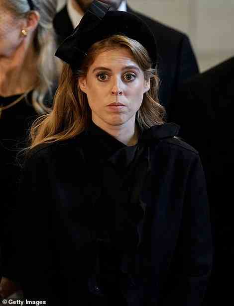 The Queen's other grandchildren including Princesses Beatrice (pictured)  and Eugenie, Zara and Peter Philips and Lady Louise and James, Viscount Severn are also understood to form part of the guard of honour on Saturday evening