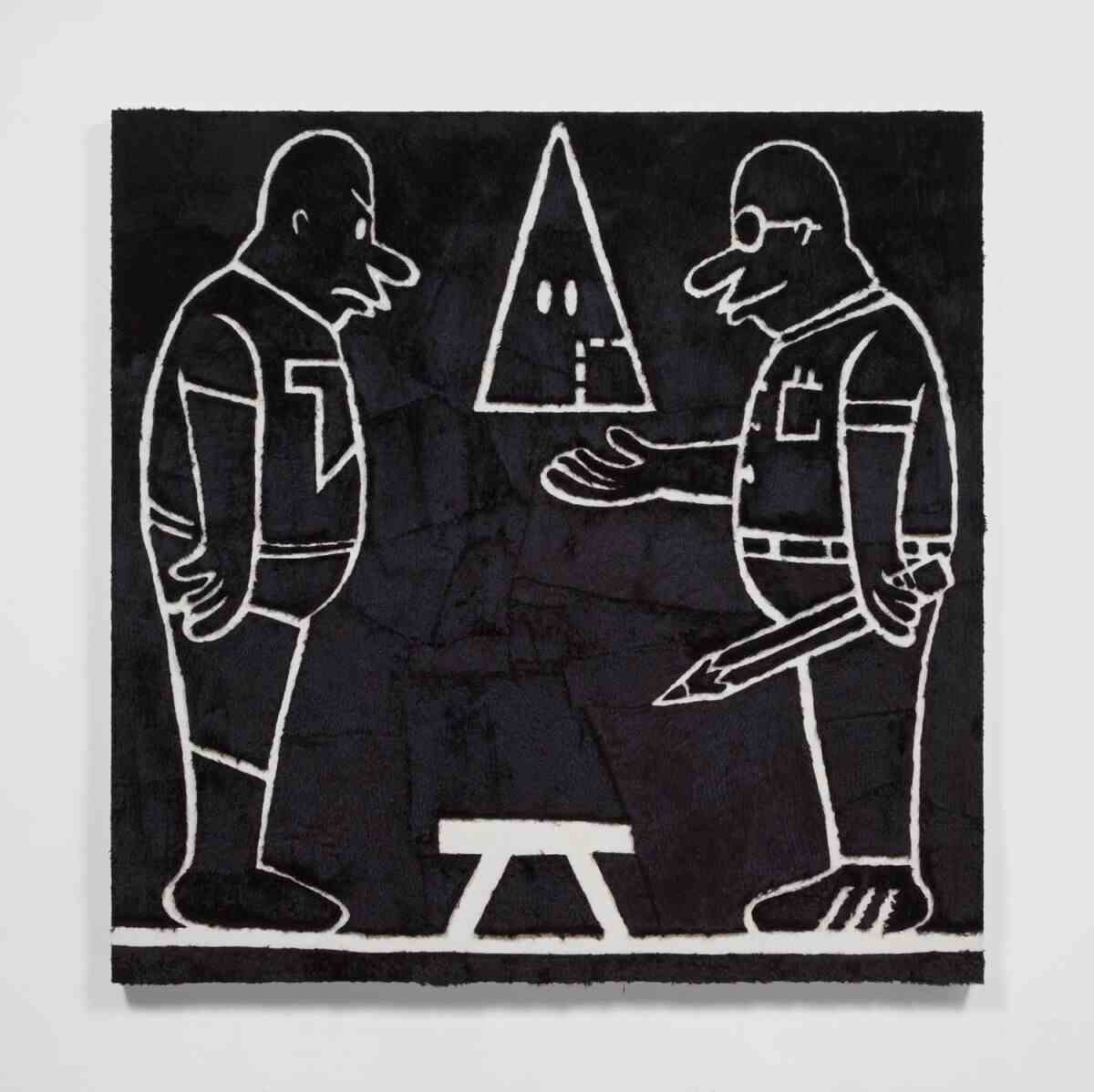 Ein Schwarz-Weiß-Bild mit zwei männlichen Umrissfiguren, die sich gegenüberstehen, dazwischen eine spitze Klan-Kapuze.