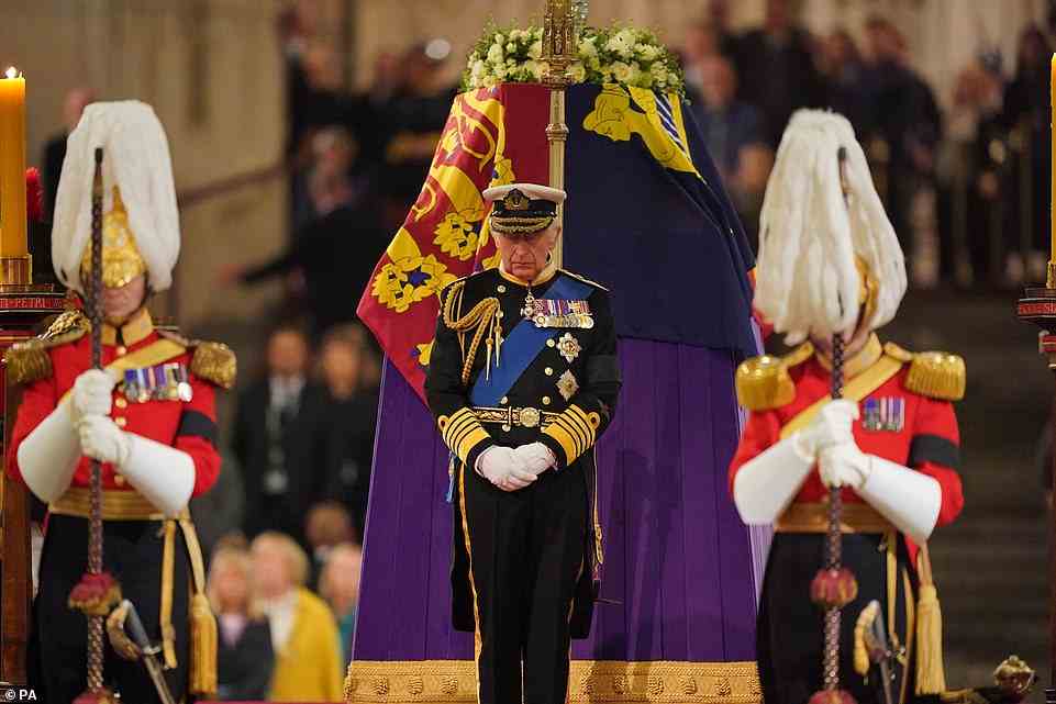 Mourners were said to be left in shock during the incident, which took place just hours after King Charles and his family held a vigil in honour of the Queen. Alongside siblings Anne, Andrew and Edward, the newly crowned monarch stood guard beside his mother's coffin (pictured)