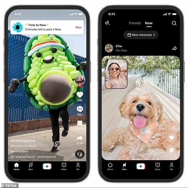 TikTok Now sendet Benutzern täglich eine Aufforderung, innerhalb von drei Minuten ein 10-Sekunden-Video oder ein statisches Foto mit der Vorder- und Rückkamera ihres Telefons aufzunehmen
