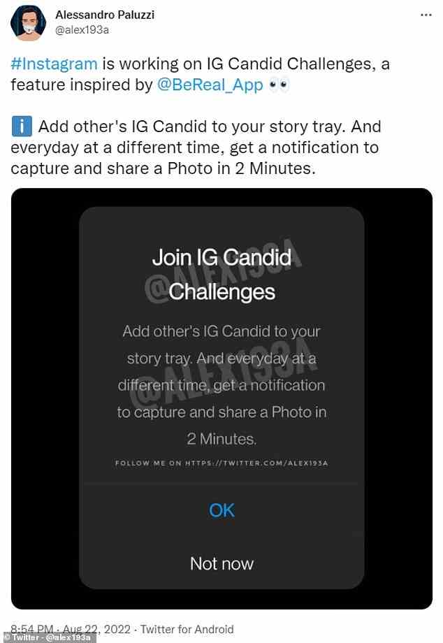 Der Start von TikTok Now erfolgt nur einen Monat, nachdem Instagram angekündigt hat, einen BeReal-Nachahmer namens Candid Challenges zu testen.  Das Feature Candid Challenges wurde von Entwickler Alessandro Paluzzi entdeckt