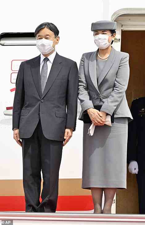 Pictured: Japanese Emperor Naruhito and Empress Masako as they prepare to leave for Britain