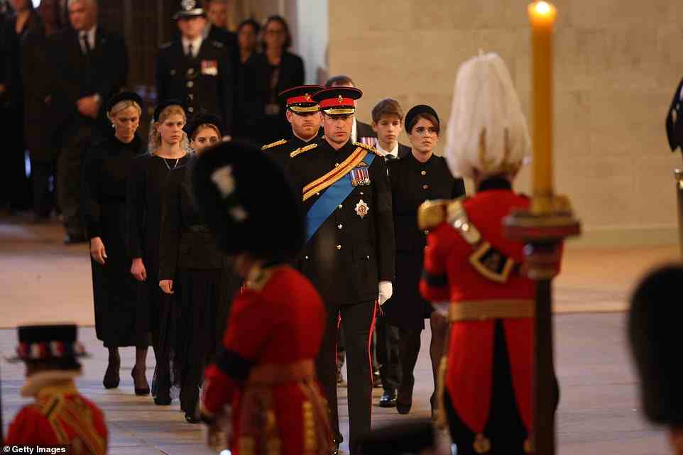 Prince William and the Duke of Sussex lead their cousins into Westminster Hall for the vigil on Saturday night