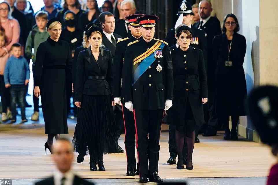 Zara Tindall, Lady Louise, Princess Beatrice, the Prince of Wales, the Duke of Sussex, Princess Eugenie, Viscount Severn and Peter Phillips hold a vigil beside the coffin