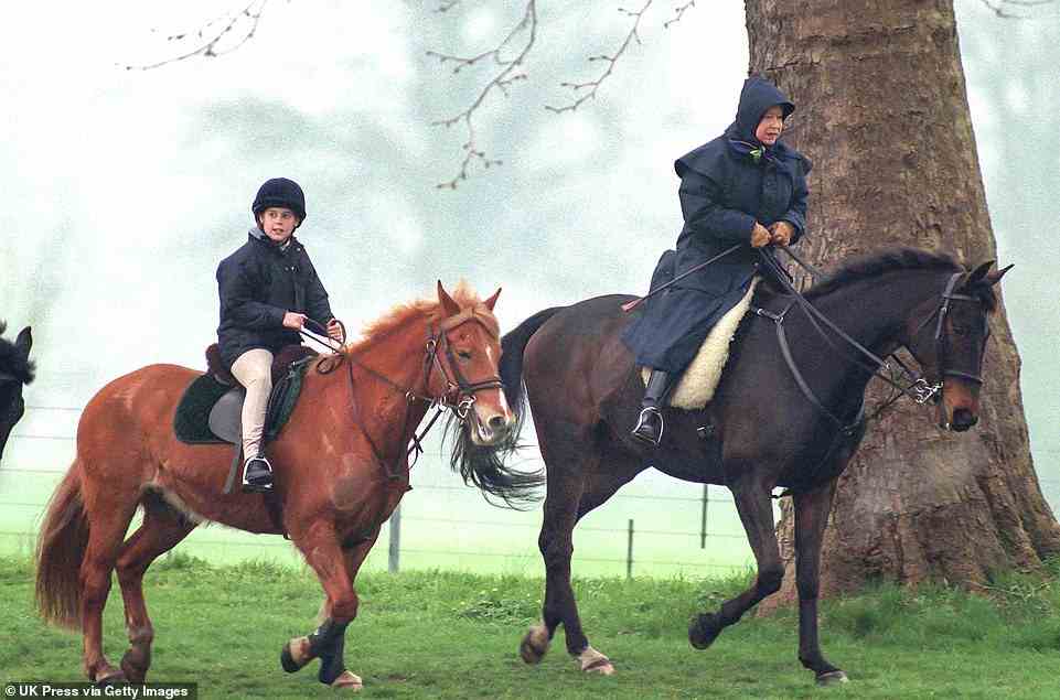 Princess Beatrice, pictured here aged 10, was snapped enjoying a moment with her grandmother the Queen, as the pair went riding in Windsor in 1999