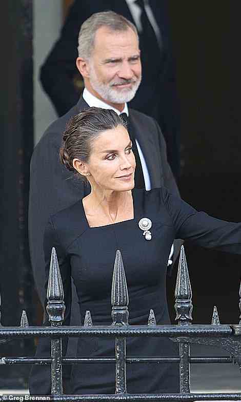 Felipe, son of disgraced former King Juan Carlos, is a distant cousin of the Queen and referred to Her Majesty as 'dear Aunt Lilibet'. Pictured, with his wife Queen Letizia in London today