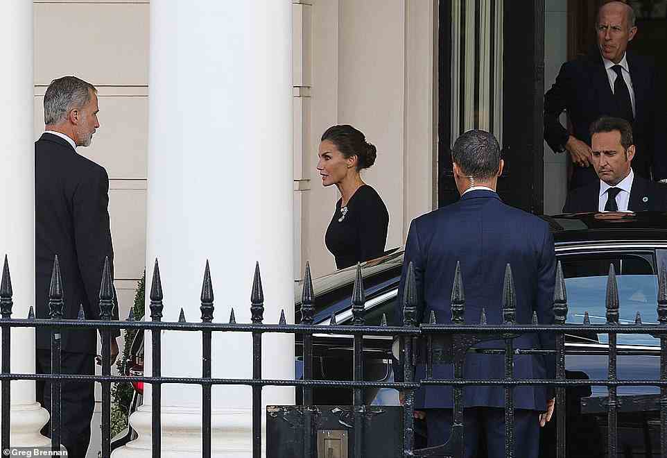 King Felipe and Queen Letizia of Spain were spotted leaving the Spanish Embassy ahead of the Buckingham Palace reception