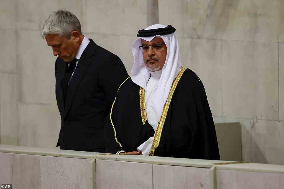 Bahrain's Prime Minister Prince Salman bin Hamad Al Khalifa pays his respects to the coffin of Britain's Queen Elizabeth
