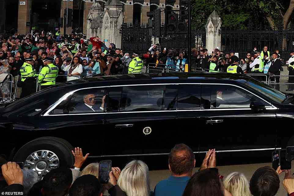 U.S. President Joe Biden arrives in London in presidential motorcade following the death of Britain's Queen Elizabeth, in London, Britain, September 18, 2022